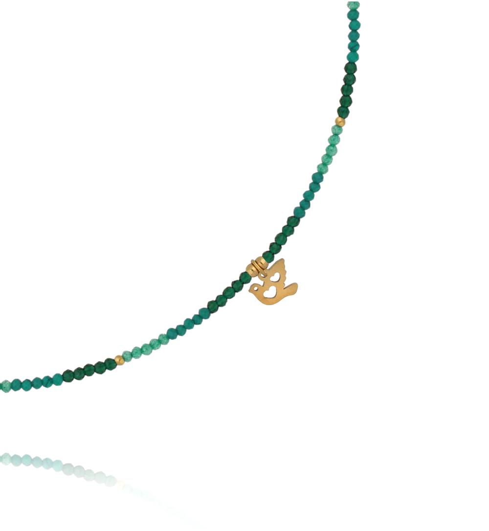 Naszyjnik zielony z  zawieszką ptaszkiem NTW1633