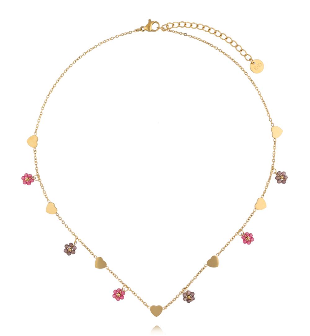 Naszyjnik z serduszkami i kolorowymi kwiatuszkami NTW1615