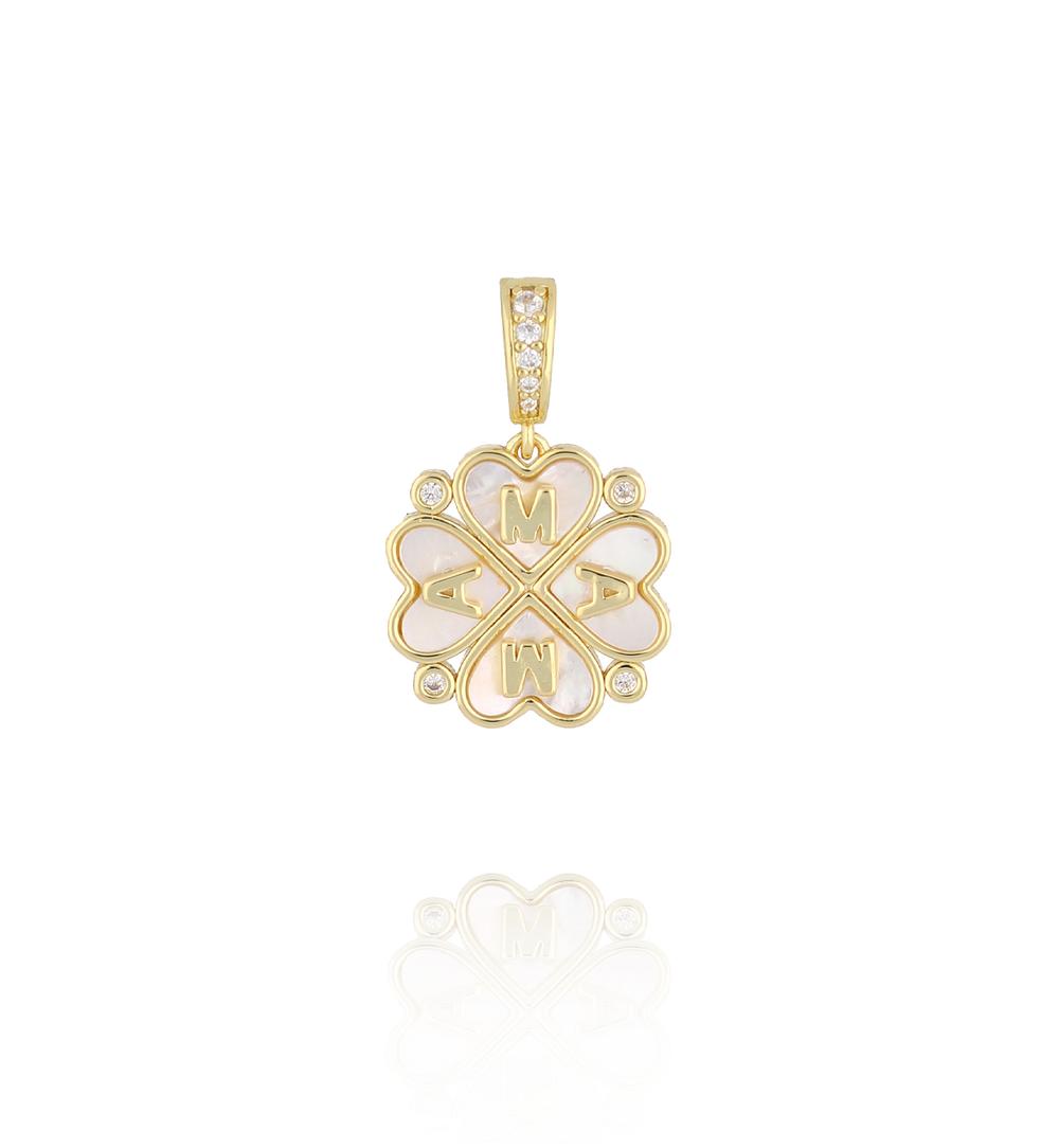 Charms złota koniczynka MAMA z masą perłową i kryształkami CHSS0019