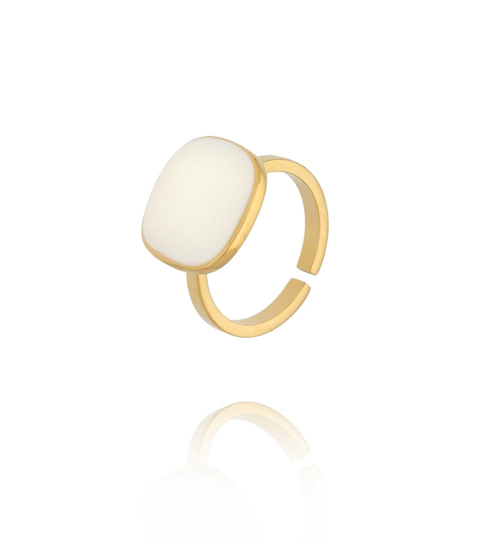 Pierścionek pozłacany z biała emalią PSY0066