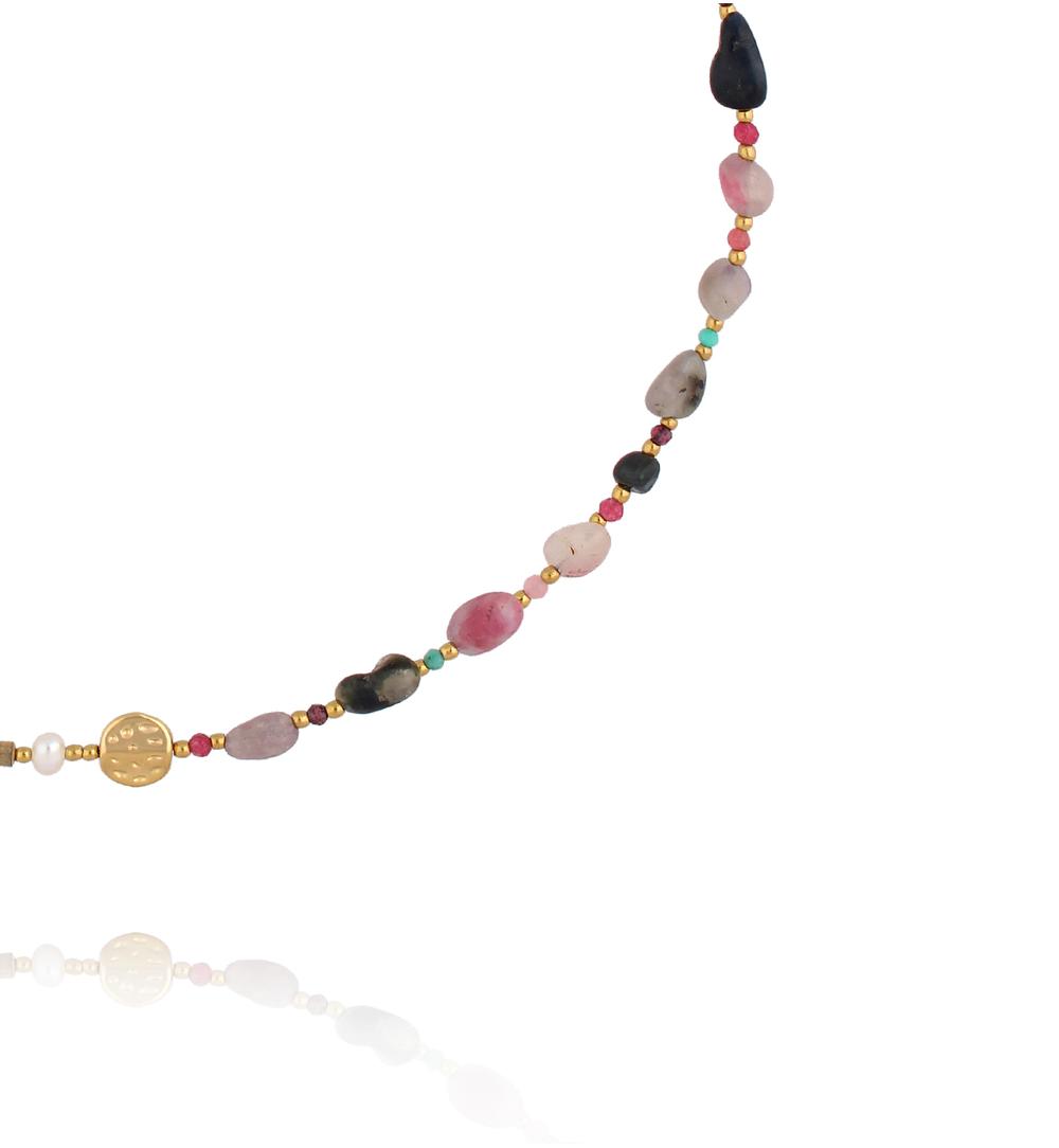 Naszyjnik z turmalinu, granatu, amazonitu i perły NEA0083