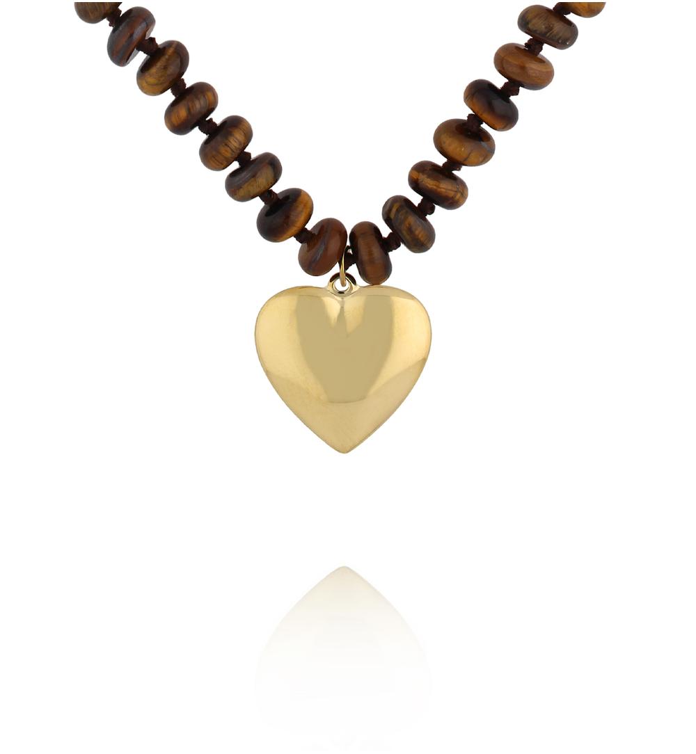 Naszyjnik z tygrysiego oka z pozłacanym sercem NPA1591