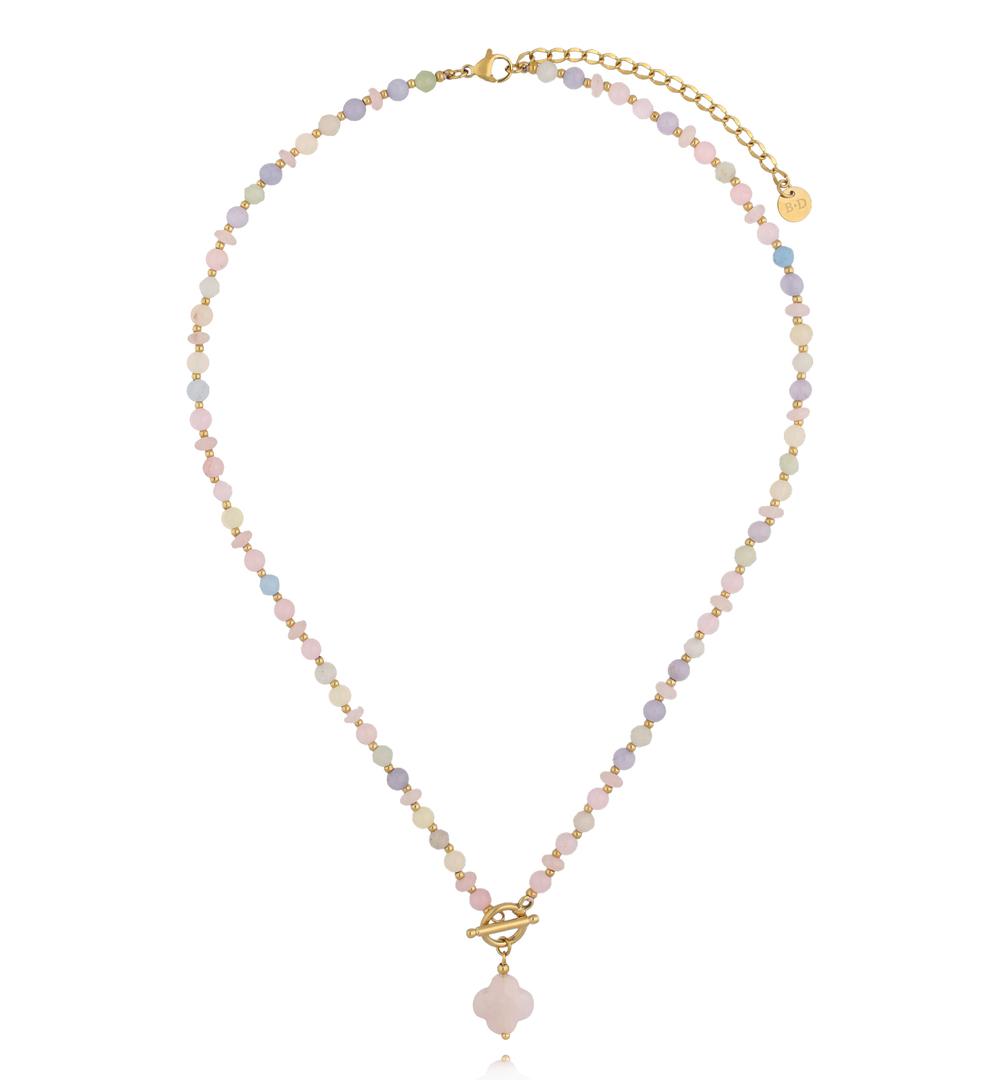 Naszyjnik z pastelowych kamieni naturalnych z zawieszką koniczynki NPA1608