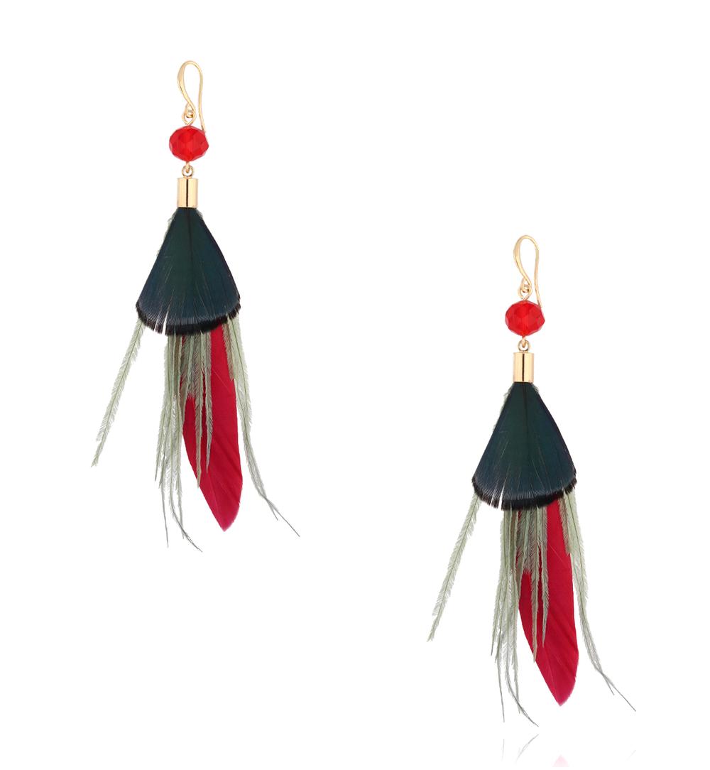 Kolczyki czerwono zielone z piórkami Boho Feathers KFF0094