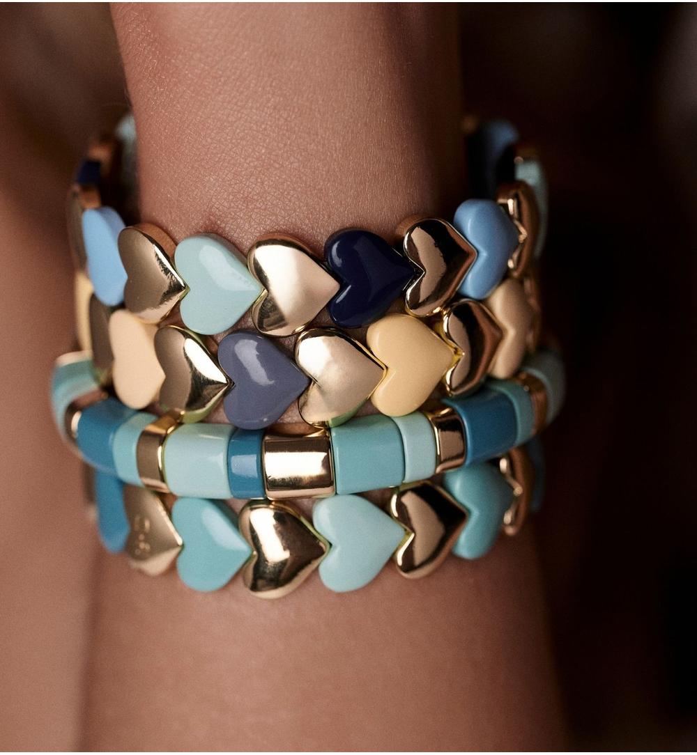 Bransoletka elastyczna z serduszkami w odcieniach błękitu, granatu i mięty ze złotem BCR0088