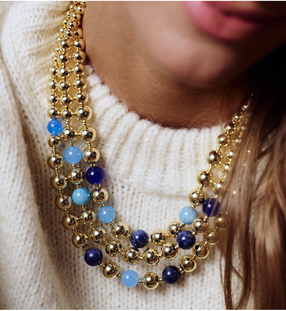 Naszyjnik trzyrzędowy w złocie z niebieskimi i granatowymi kamieniami NSC0679