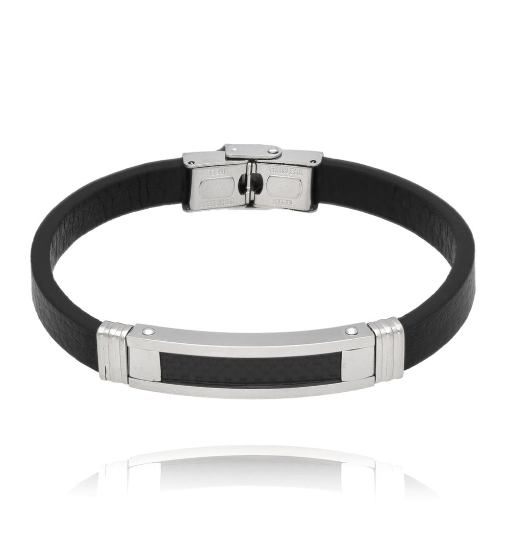 Zestaw męskich bransoletek skórzano-stalowych w czerni i srebrze ZN0099