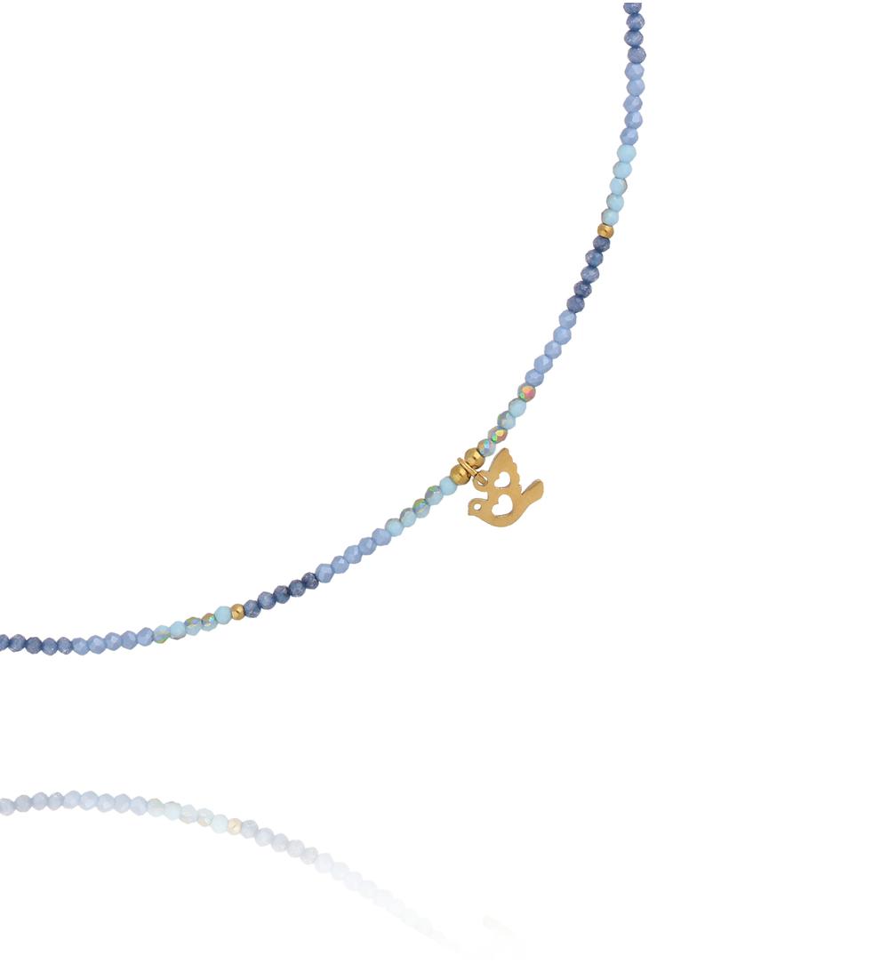 Naszyjnik z niebieskiej cyrkonii i szklanych kryształków z zawieszką – ptaszek NTW1625