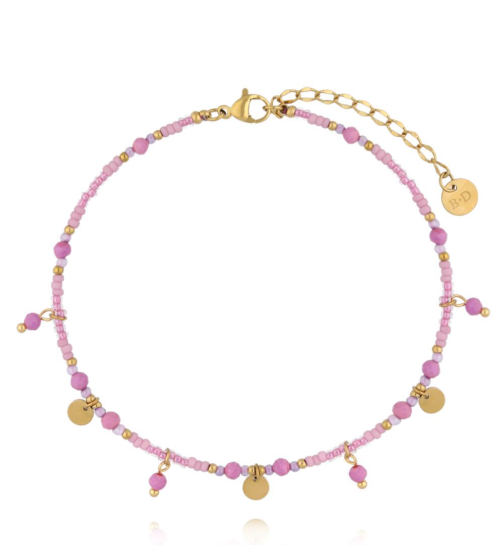 Bransoletka na nogę z różowymi kamieniami i złotymi zawieszkami BNTW0106