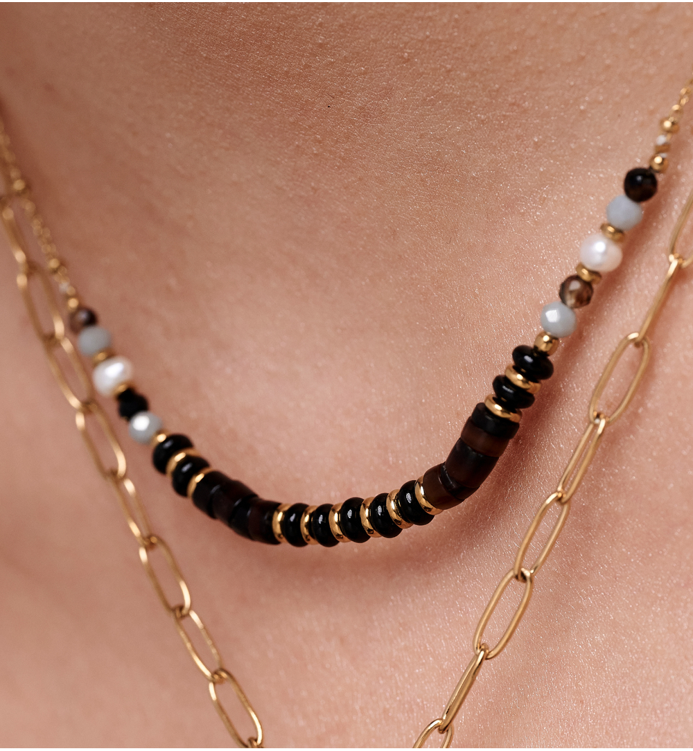 Naszyjnik z czarnego agatu, perły i muszli NPA1472