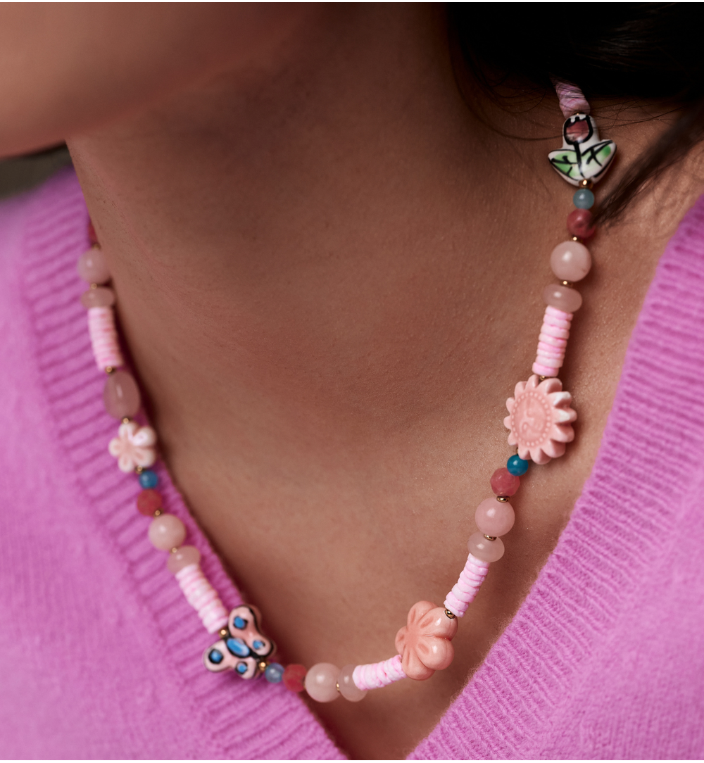 Naszyjnik różowy z motylkiem i kwiatkiem NSH0111