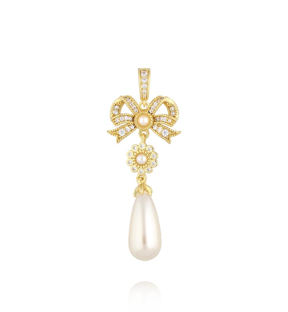Charms złota kokardka z kryształkami i wiszącą perłą CHSS0036
