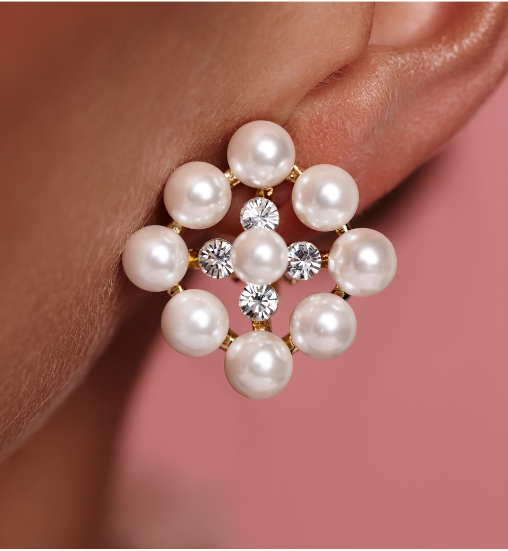 Klipsy z perłami i cyrkoniami w formie kwiatu KPE0179