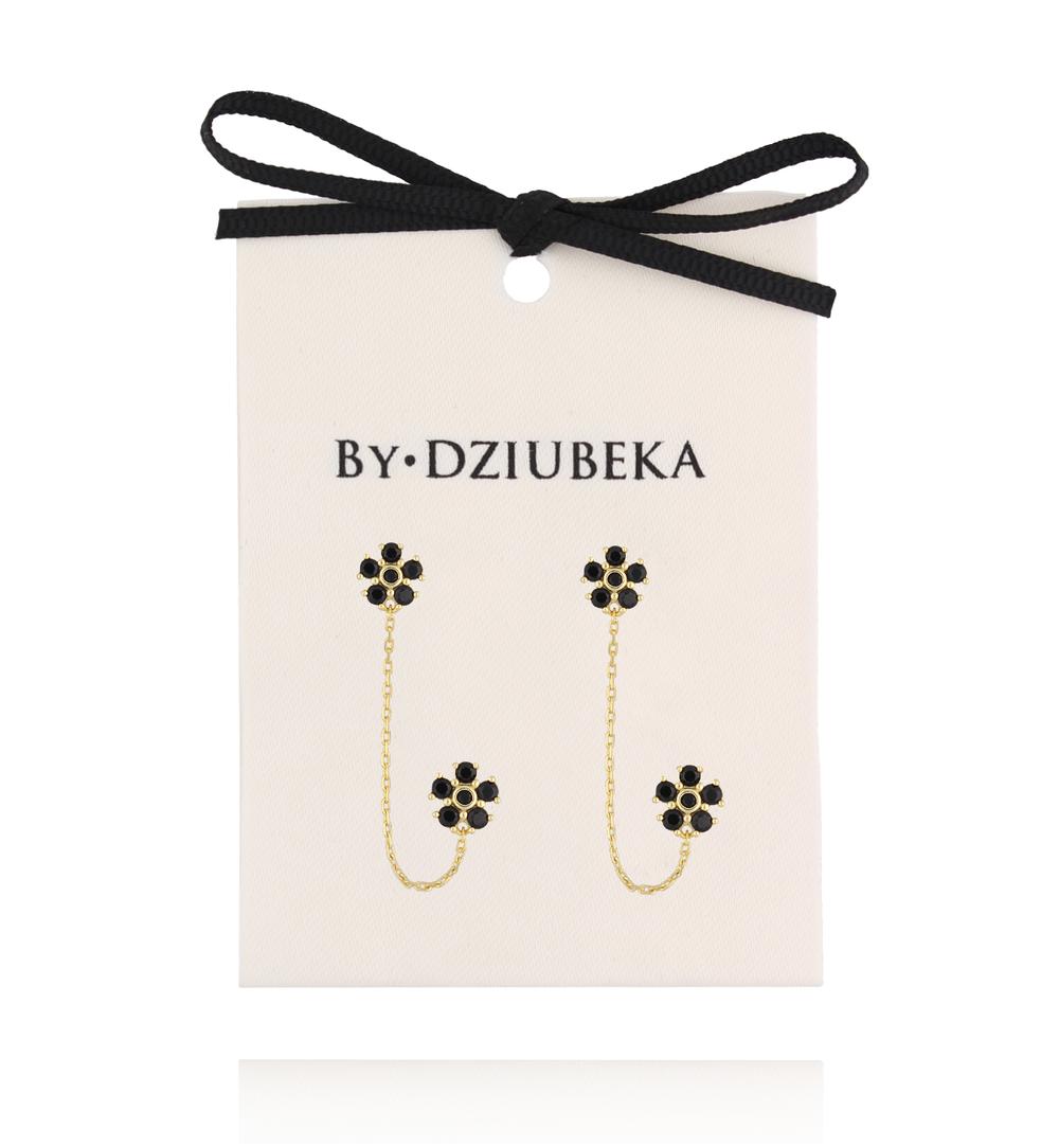 Kolczyki kwiatuszki czarne podwójne z łańcuszkiem KLT0056