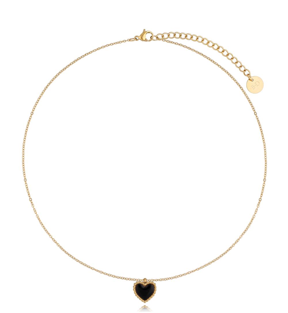 Naszyjnik złoty z sercem i czarną emalią Enamel Heart NSA0600