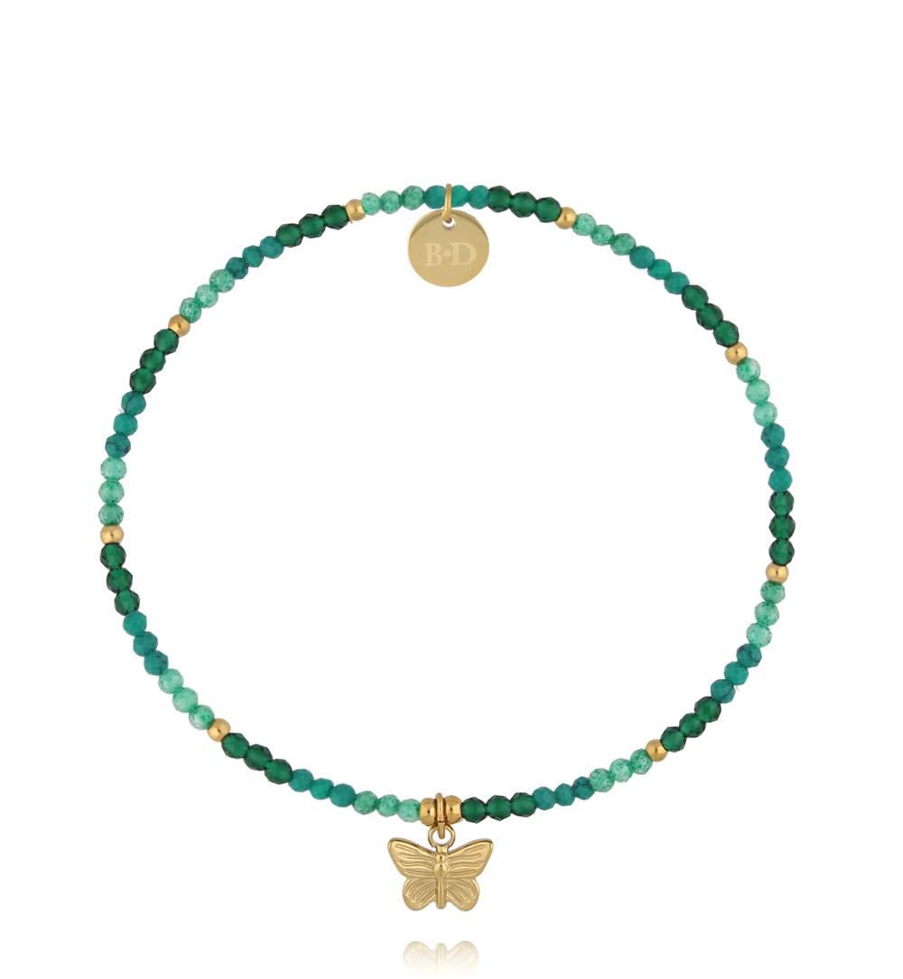 Bransoletka z zielonych cyrkonów i szklanych koralików z zawieszką motyla BTW3693