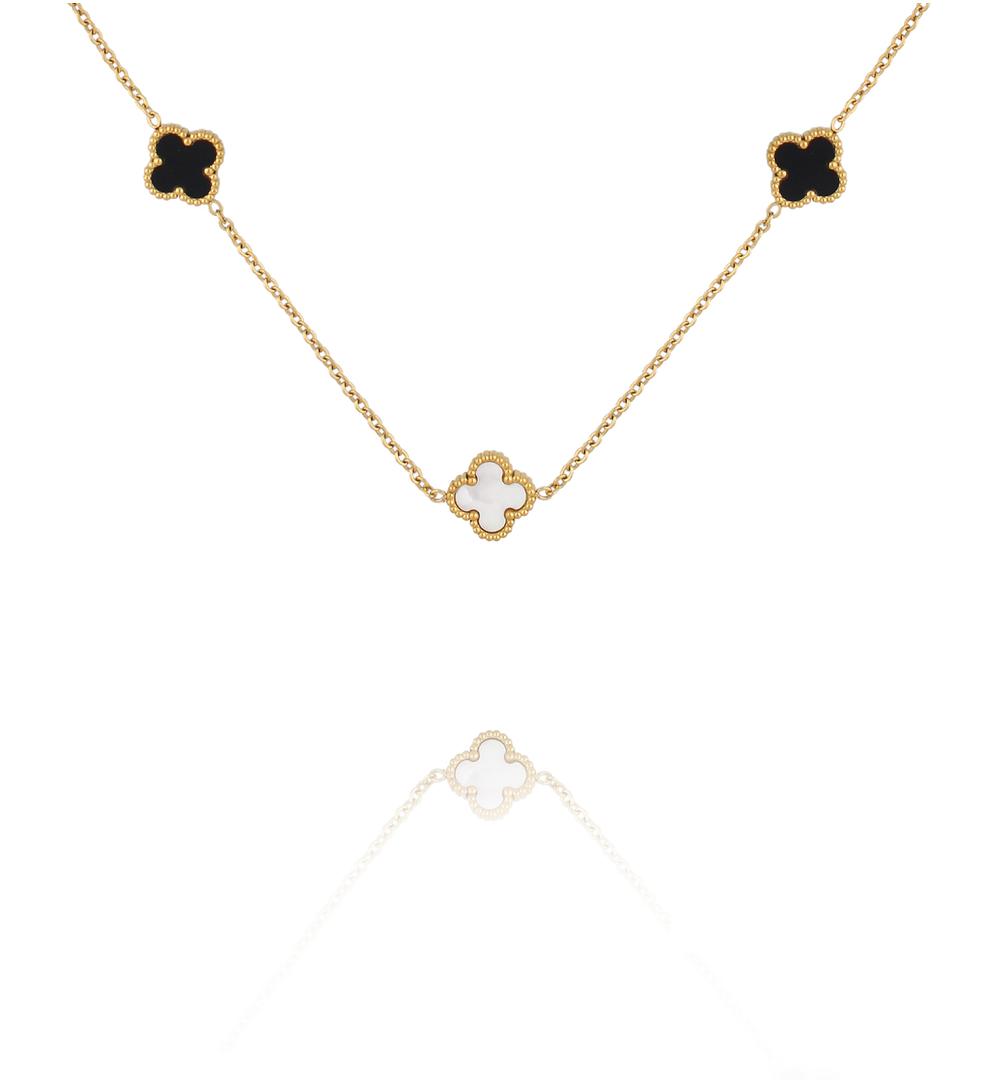 Naszyjnik z białymi i czarnymi koniczynkami NSY0804