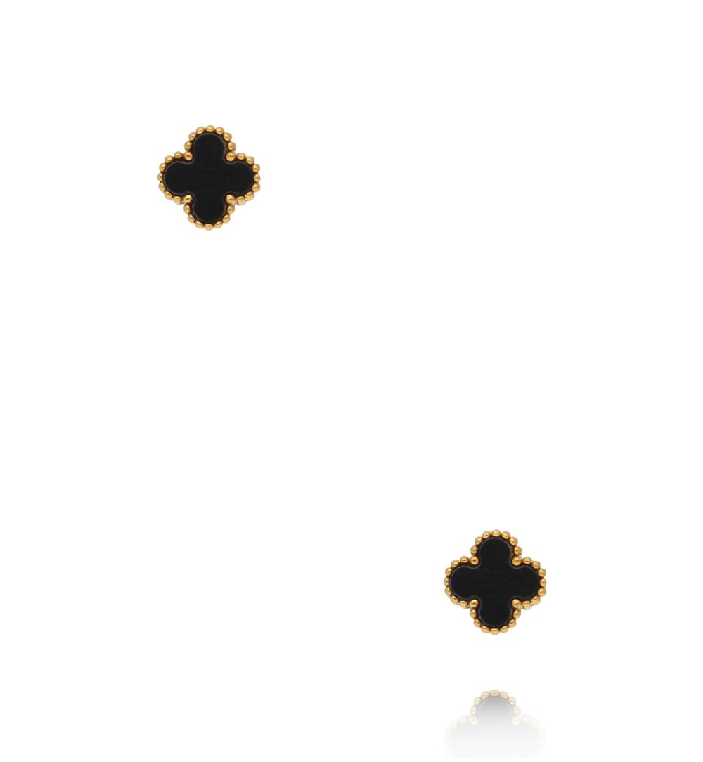 Kolczyki koniczynki z czarną emalią w złotej oprawie KSY0603