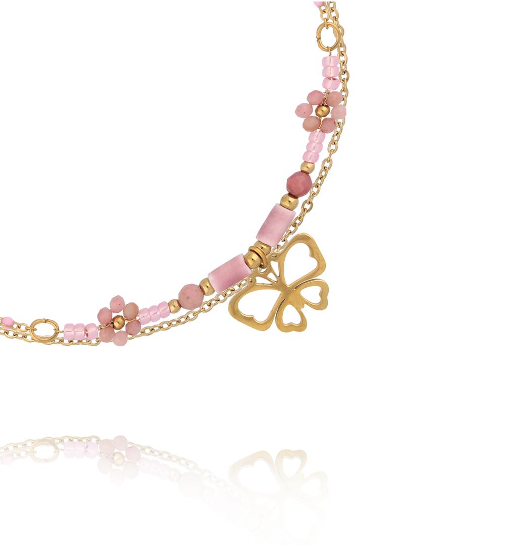 Bransoletka na nogę z różowymi koralikami i zawieszką motyla BNSY0070