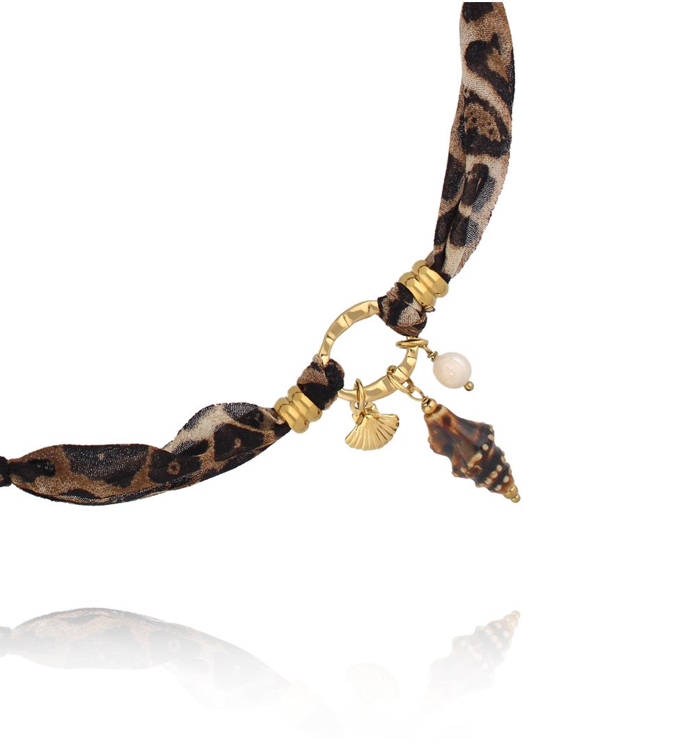 Naszyjnik z tkaniny w panterkę z zawieszką muszli NSH0130