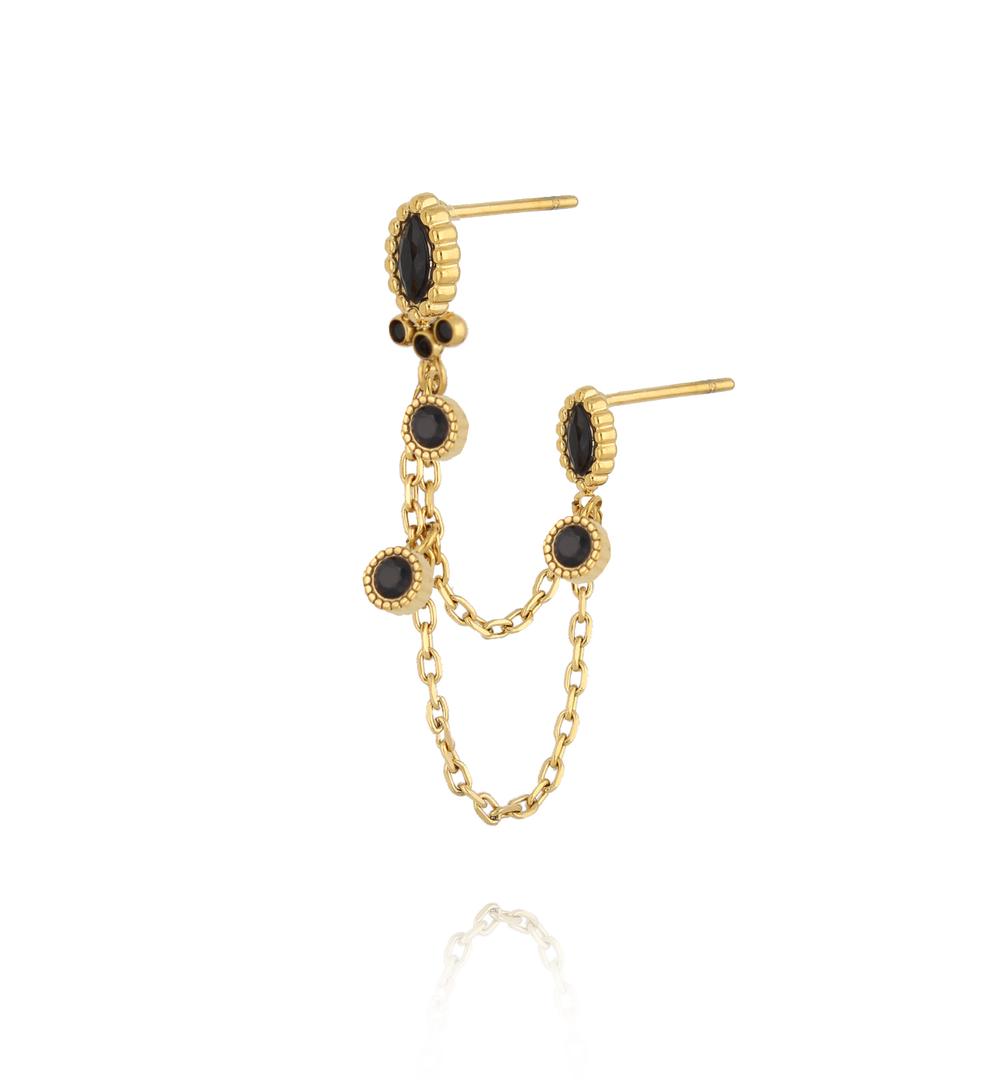 Kolczyk z łańcuszkiem i czarnymi cyrkoniami do dwóch dziurek KSA2545