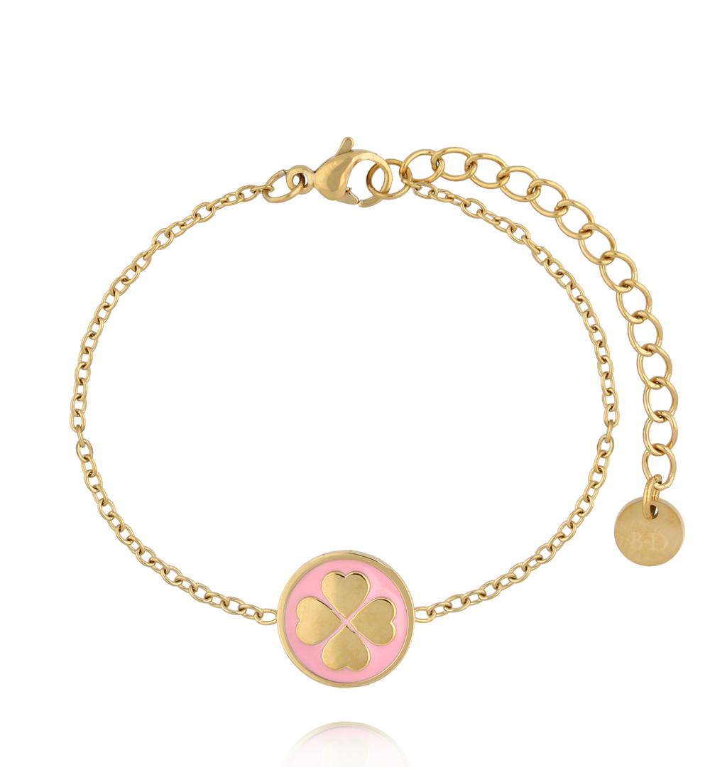 Bransoletka z czterolistną koniczynką na różowej emalii BSA0995