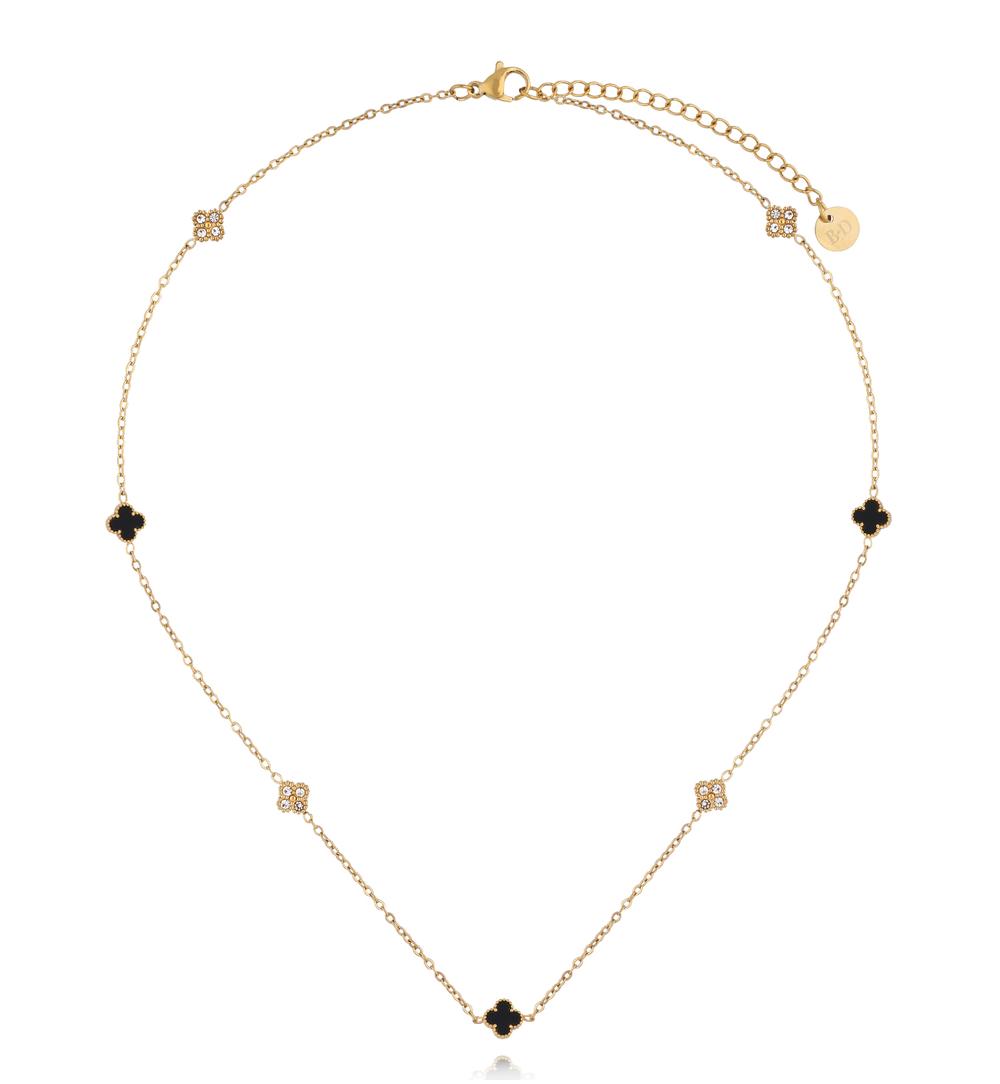 Naszyjnik złoty z czarnymi koniczynkami i cyrkoniami NSY0743