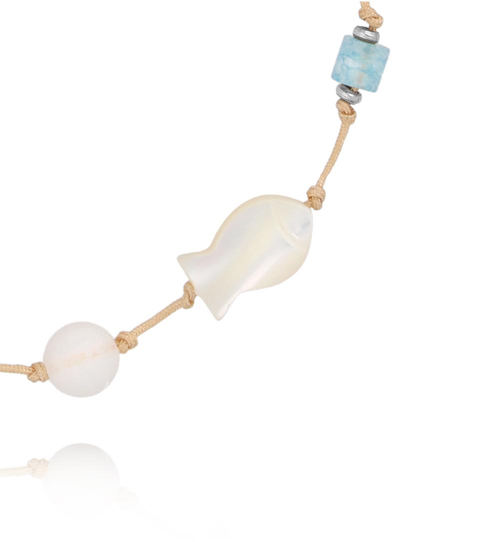 Bransoletka na beżowym sznurku z rybką, turmalinem różowym i akwamarynem BMT0354