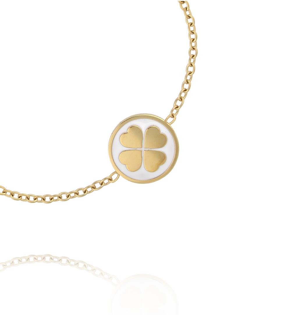 Bransoletka z czterolistną koniczynką na białej emalii BSA0994