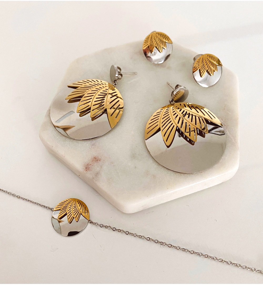 Kolczyki srebrno-złote ze stali szlachetnej Silver&Gold Big Leaf KSA0279