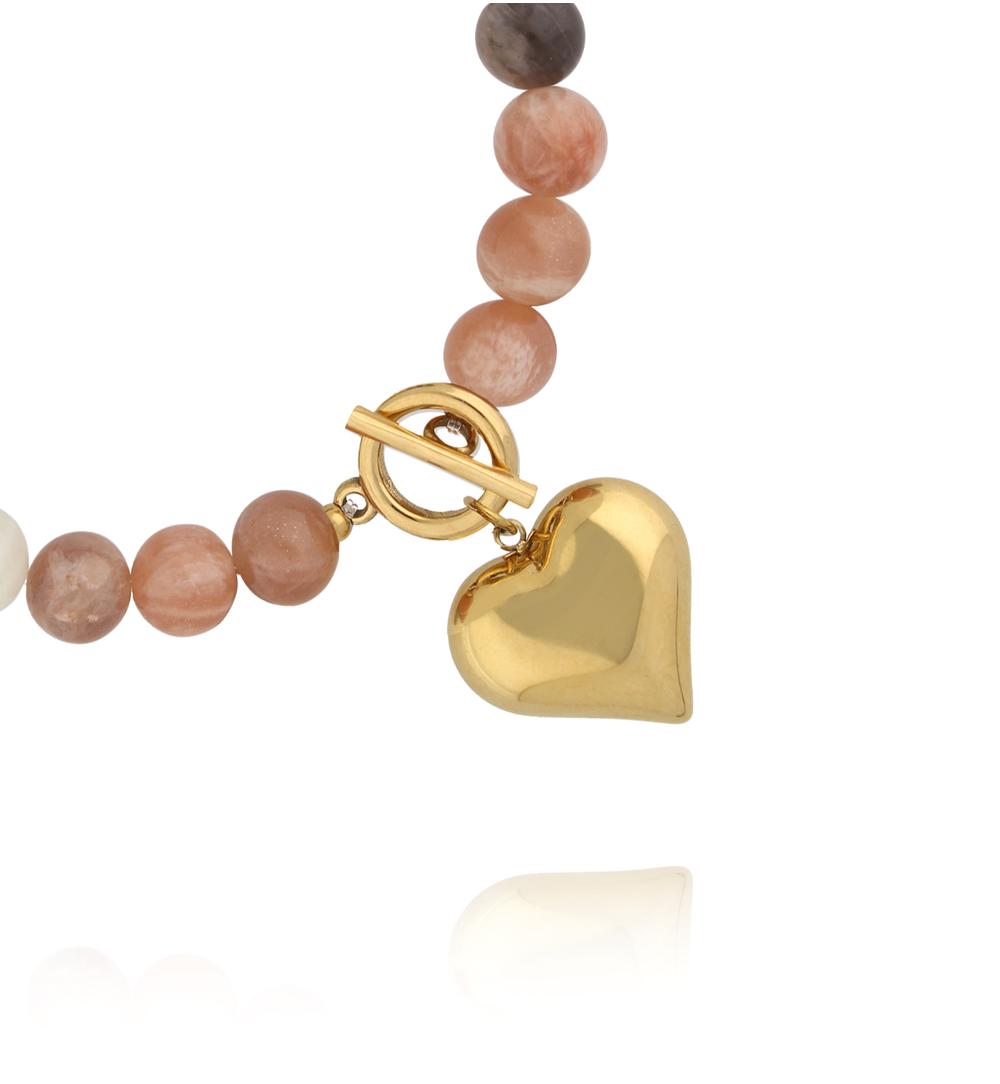 Bransoletka z kamienia księżycowego w odcieniach beżu ze złotym sercem BPA0606