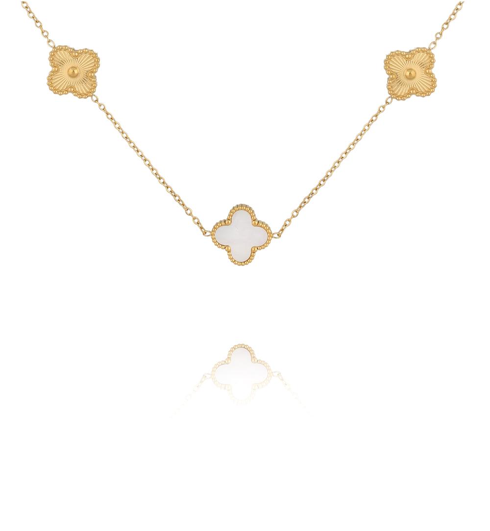 Naszyjnik złoty z białymi koniczynkami NSY0801