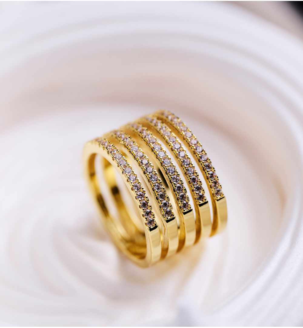 Pierścionek z trzema rzędami cyrkonii złoty PSS0196