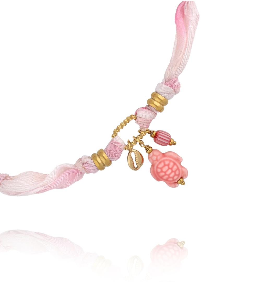 Naszyjnik różowy z tkaniny z zawieszką żółwia NSH0128