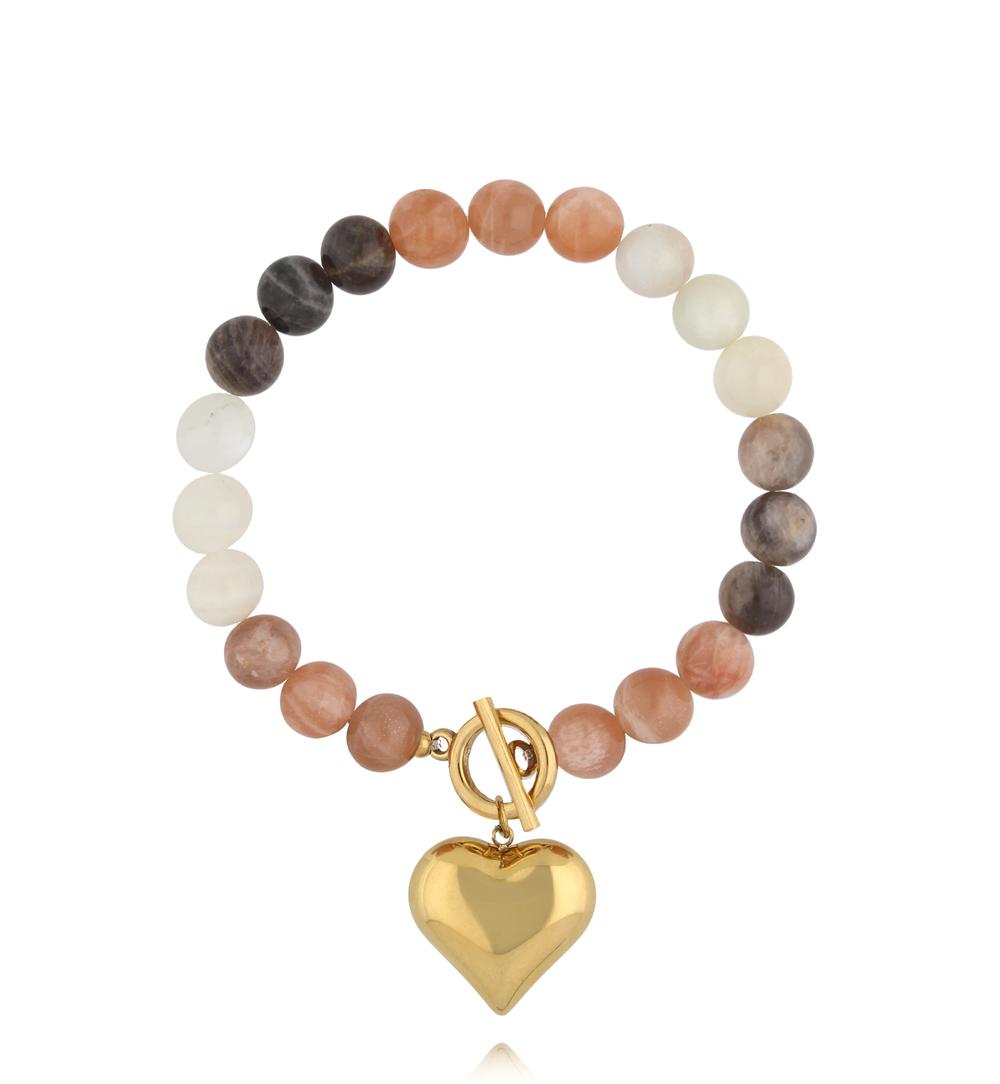 Bransoletka z kamienia księżycowego w odcieniach beżu ze złotym sercem BPA0606