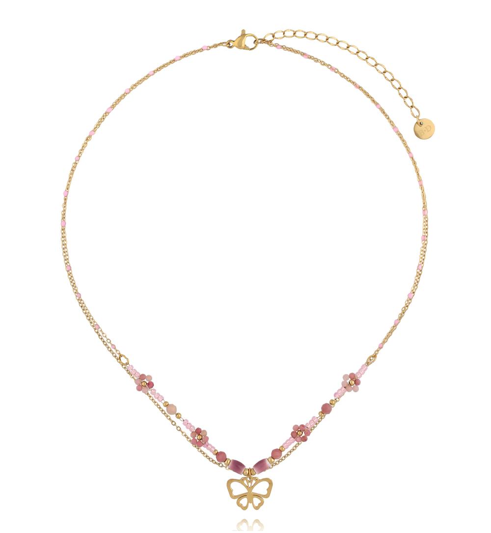 Naszyjnik z różowych koralików z zawieszką motyla NSY0736