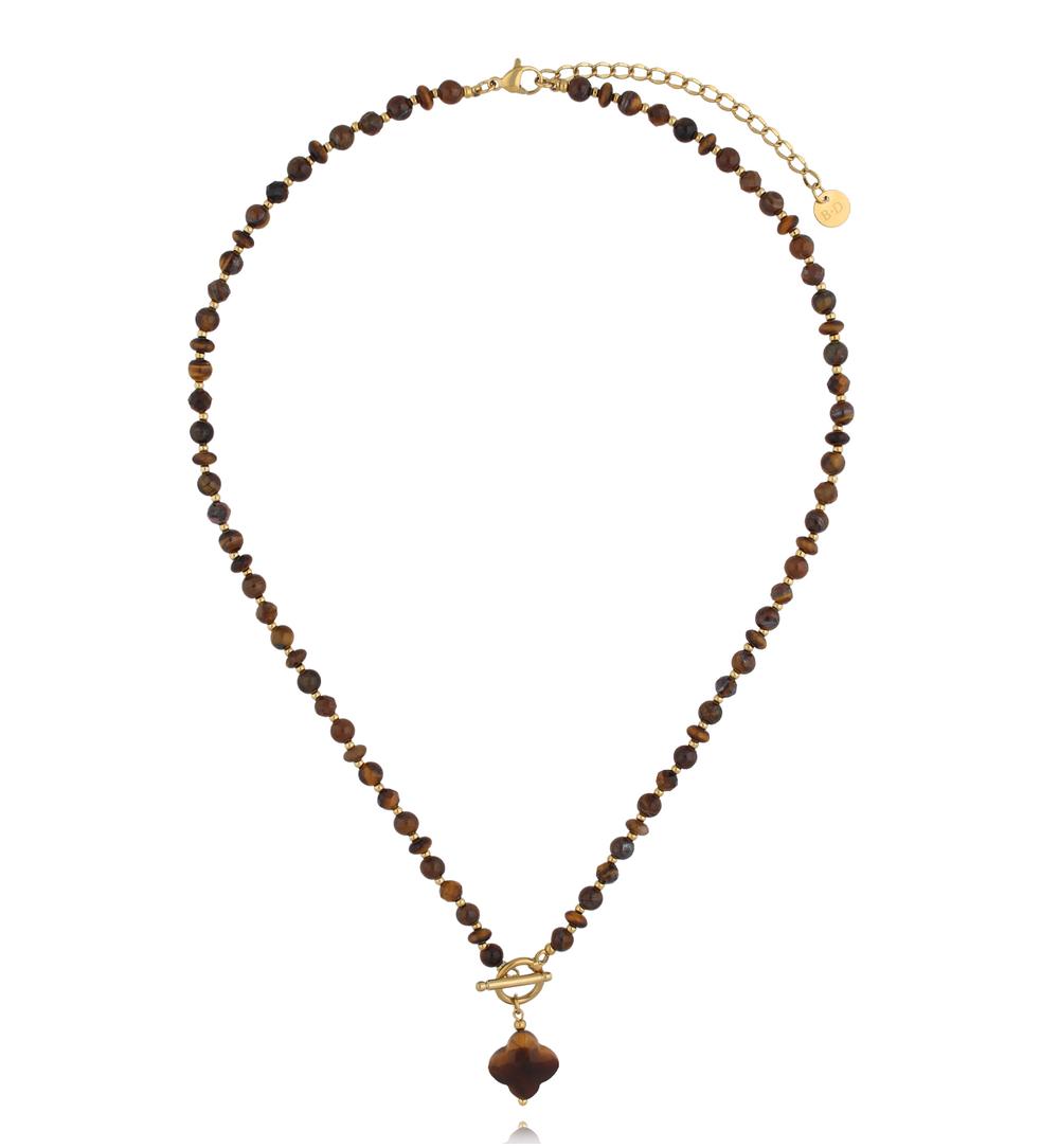 Naszyjnik z tygrysiego oka z zawieszką koniczynki NPA1625