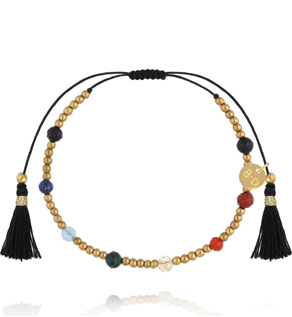 Bransoletka na czarnym sznurku z frędzlami i kamieniami naturalnymi BMT0357