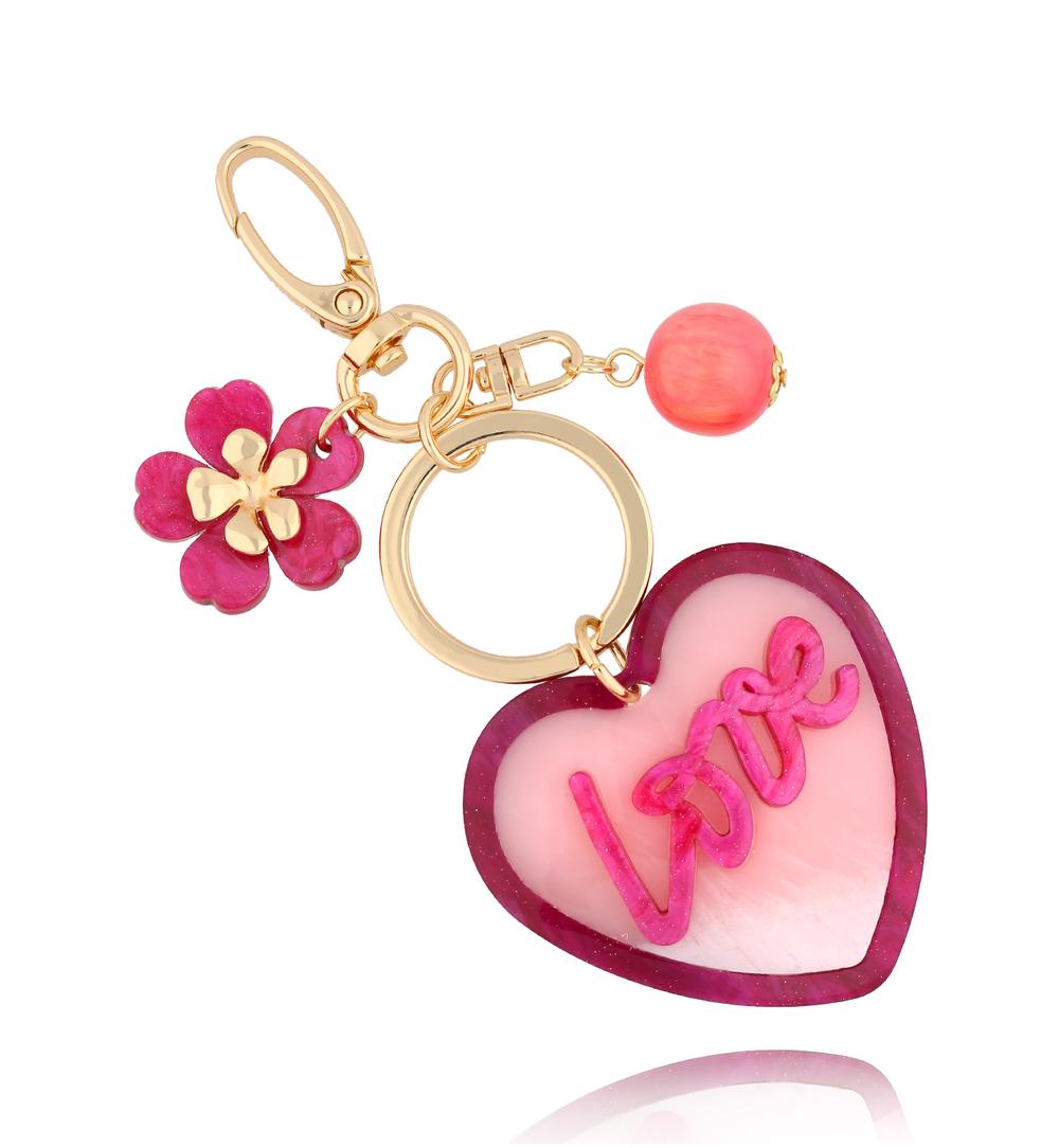Brelok różowy z sercem i kwiatkiem Heart & FLower BREZA0067