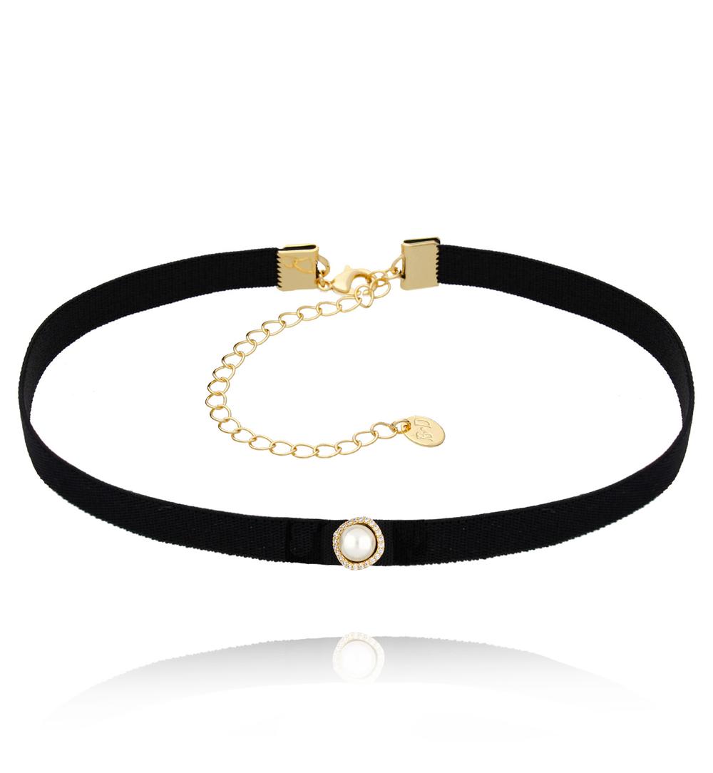 Choker czarny z tasiemką i perłą Atissa NS0176