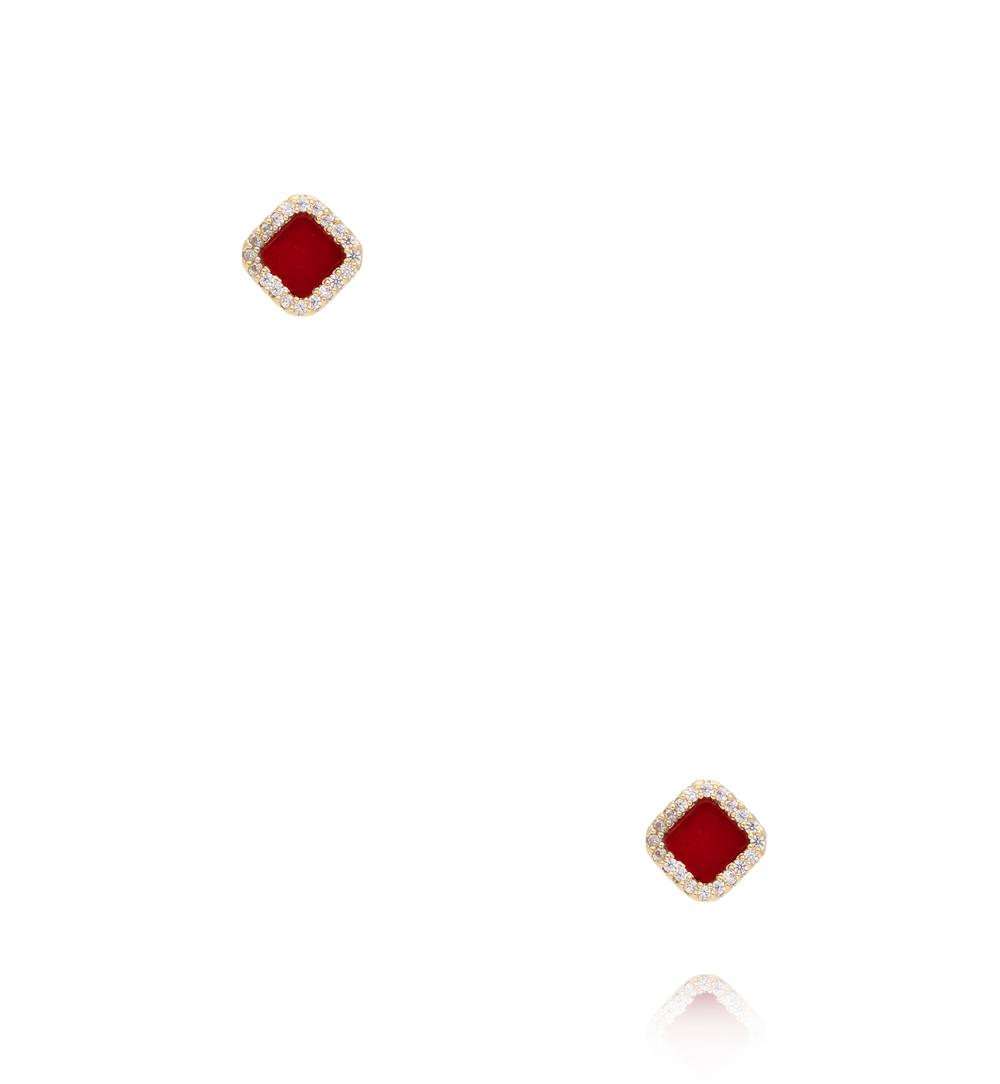 Zestaw złoconych kolczyków z bordowym detalem i cyrkoniami KMB0032