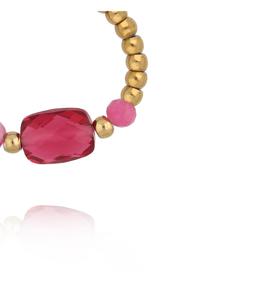 Pierścionek elastyczny z fuksjowym jadeitem i złotymi kuleczkami PTW0602