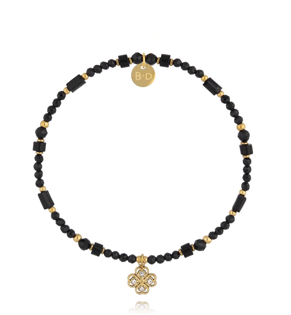 Bransoletka z czarnego turmalinu i agatu ze złotą koniczyną BTW3517