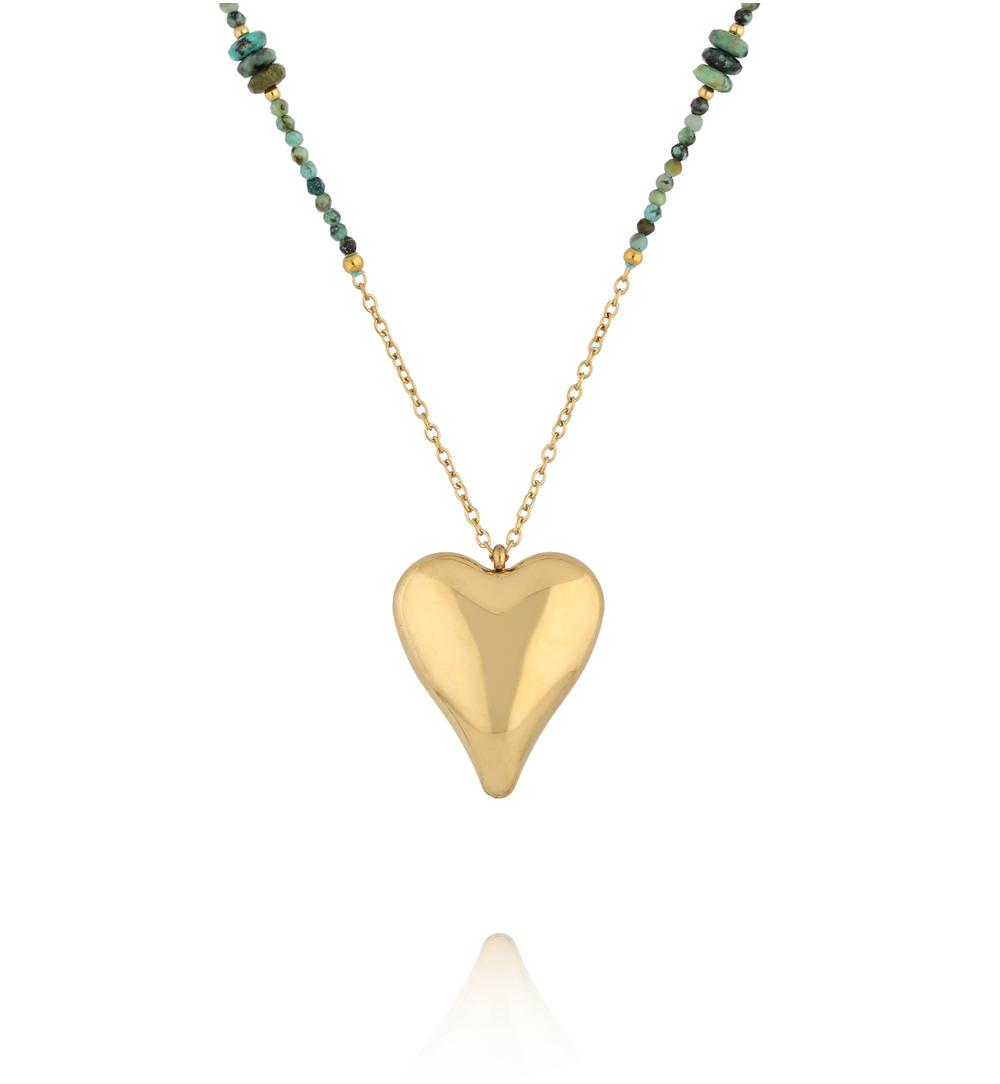 Naszyjnik z turkusu afrykańskiego z pozłacanym sercem NPA1585