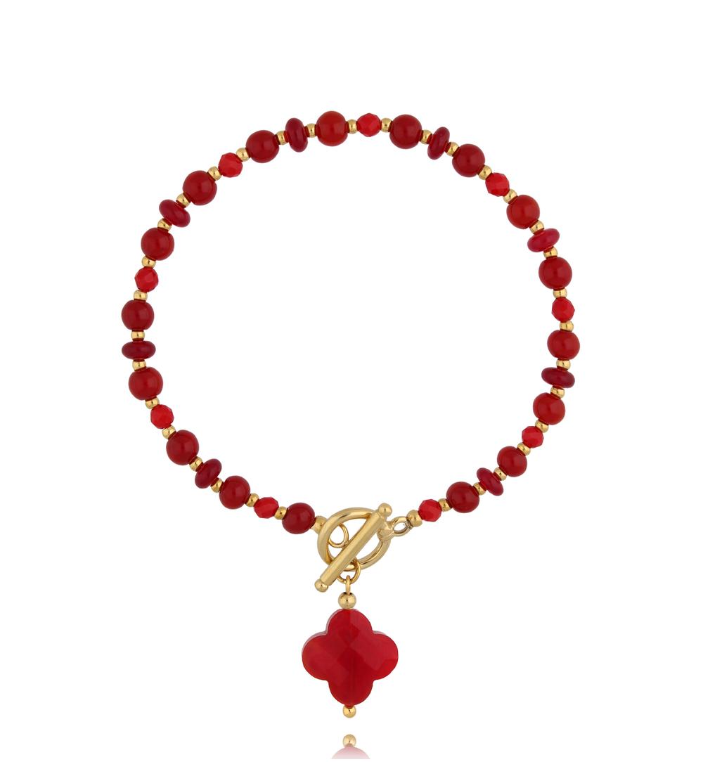 Zestaw biżuterii z bordowymi kamieniami i koniczynką ZN0231