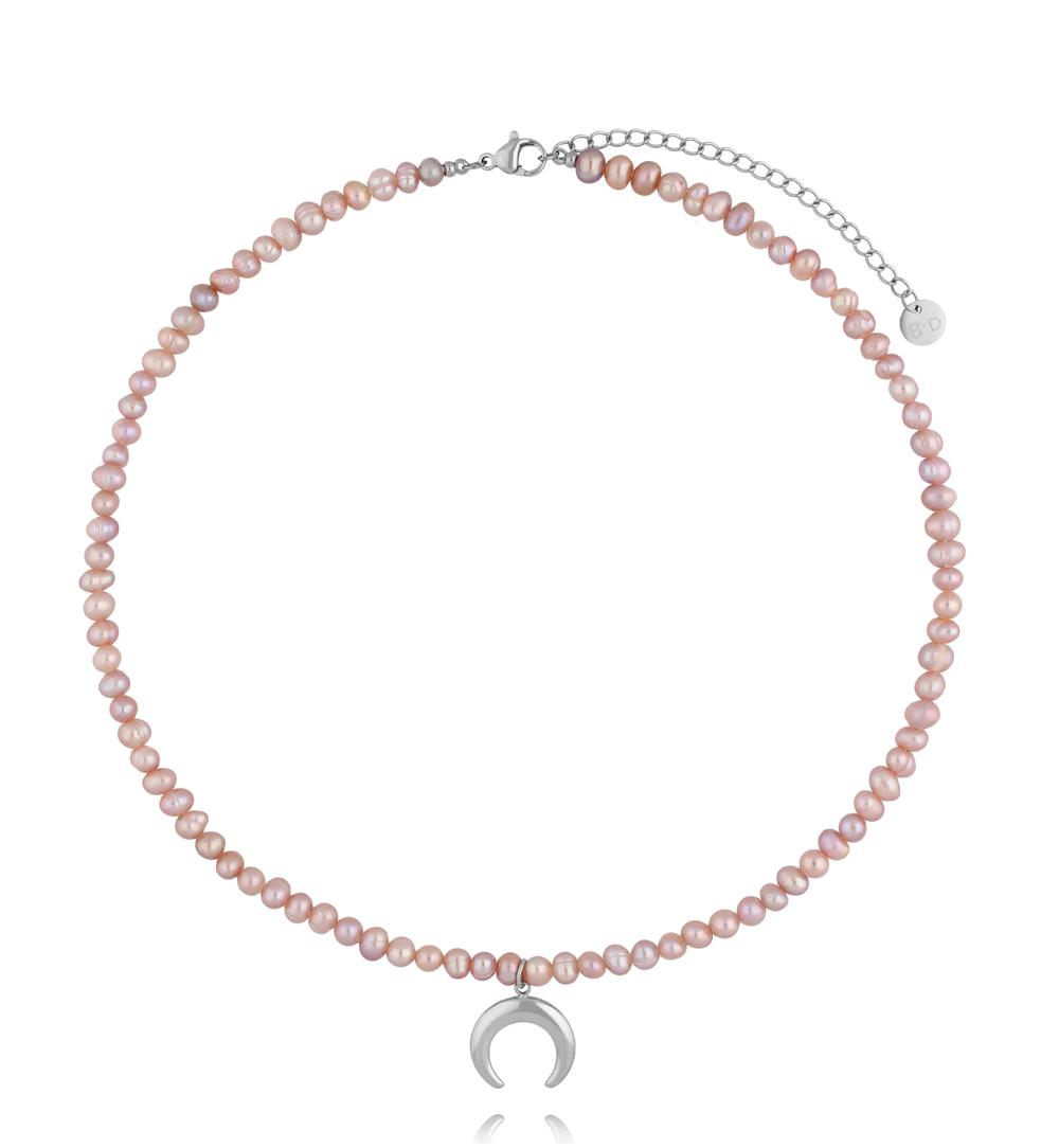 Naszyjnik z różowych pereł z zawieszką księżyca NPE0342