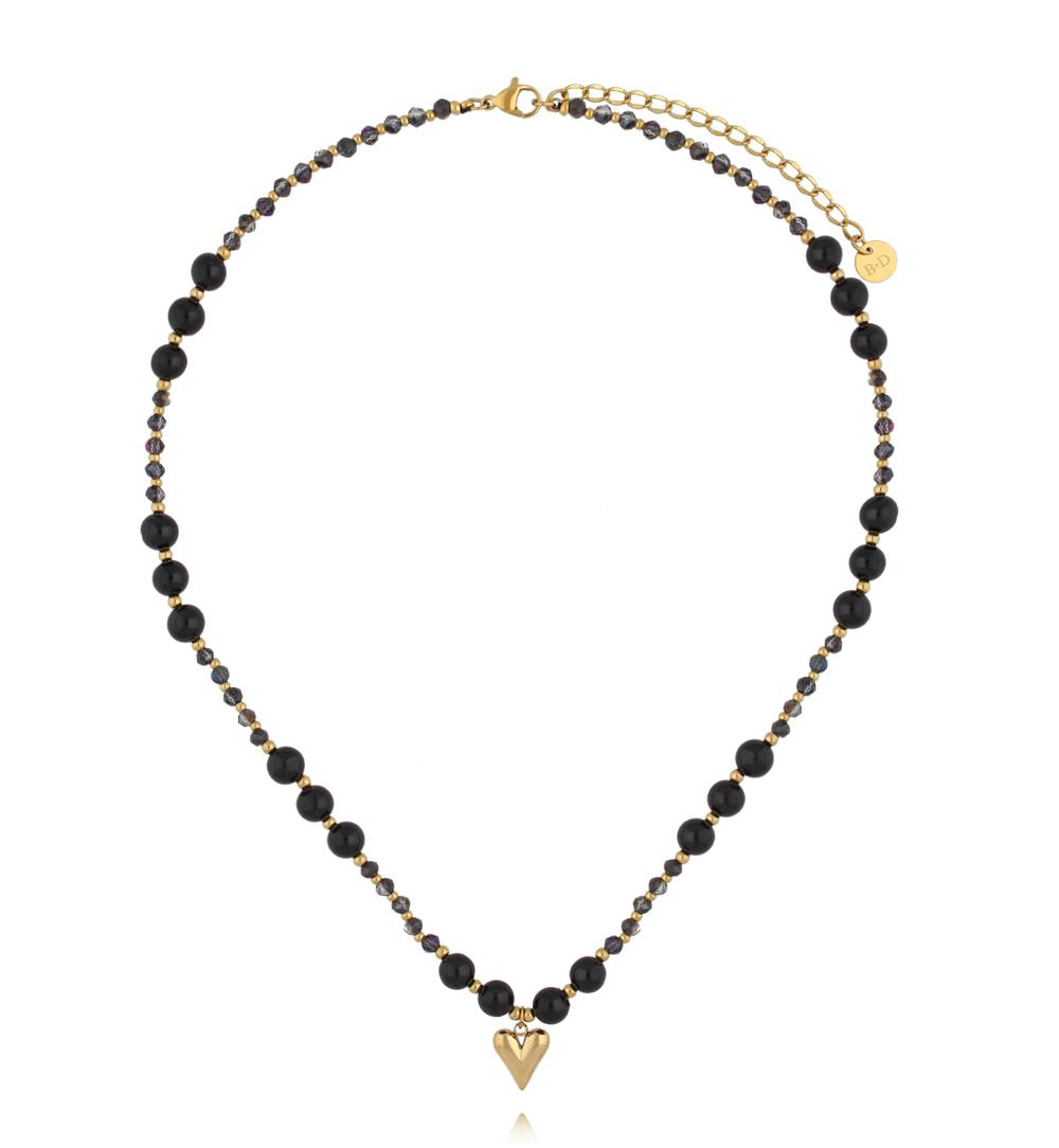 Naszyjnik z czarnego turmalinu i drobnych koralików z pozłacanym sercem NPA1594