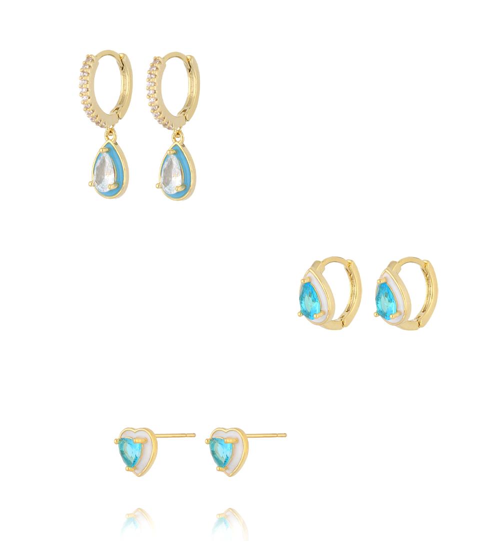 Zestaw złoconych kolczyków z turkusowymi kamieniami i emalią KMB0064