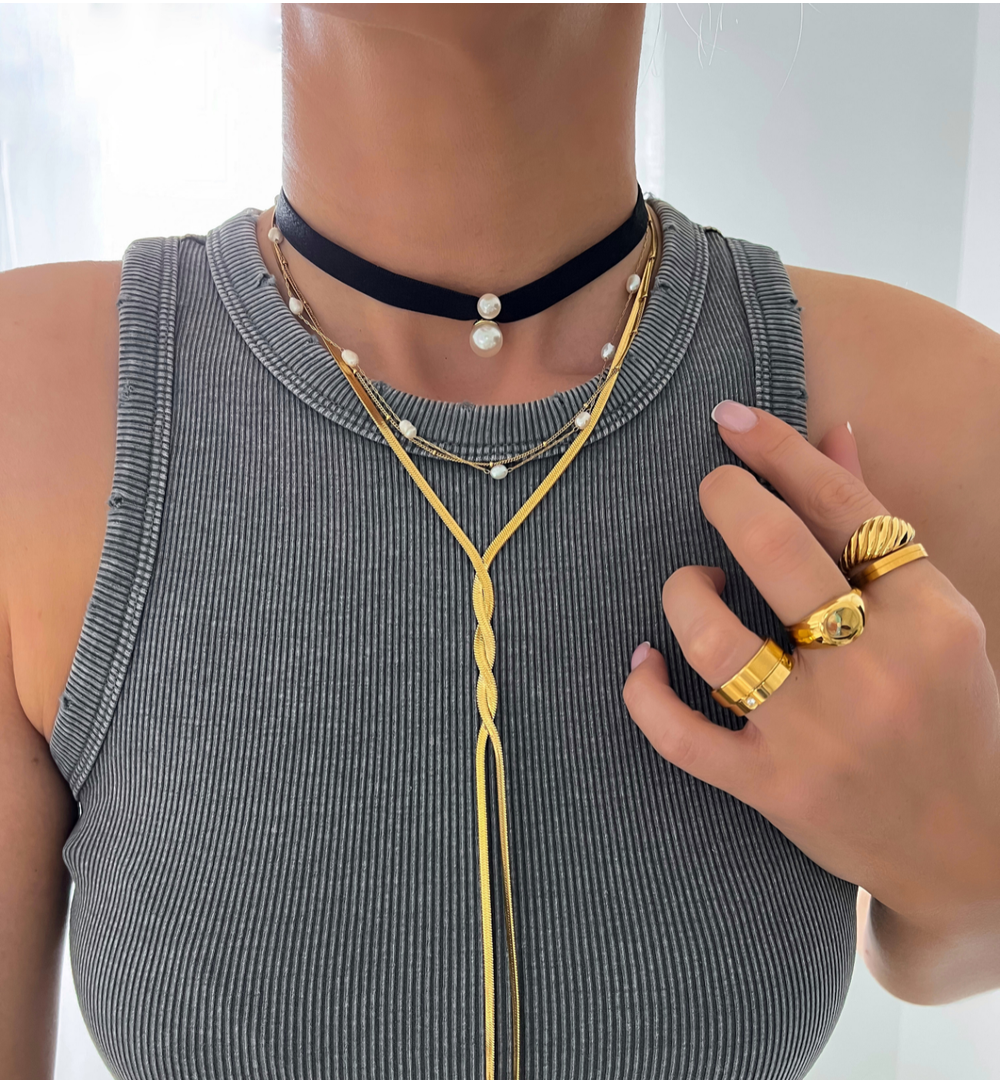 Choker czarny z tasiemką i perłami Energetic NS0170