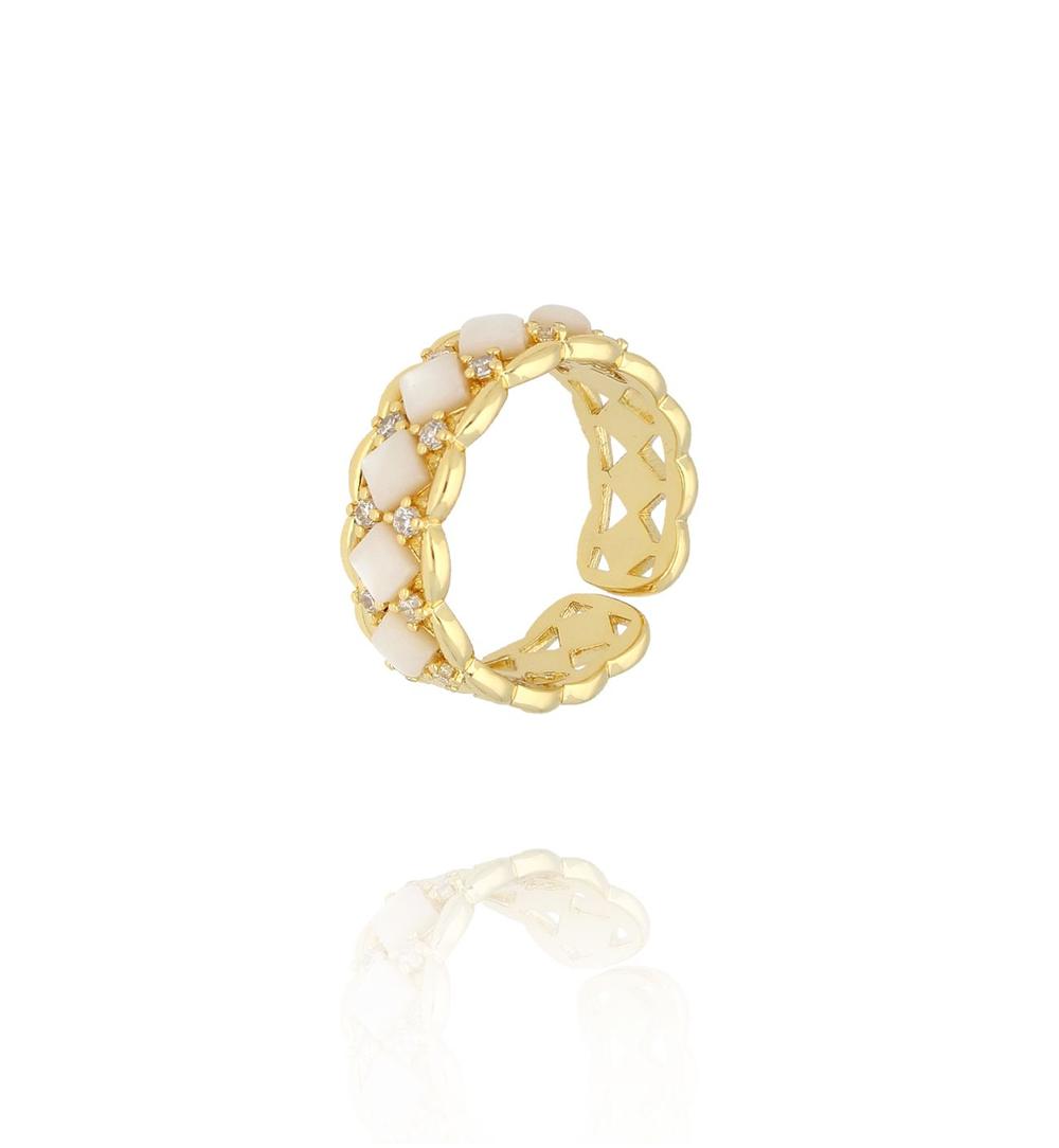 Pierścionek złocony regulowany z masą perłową i kryształami PSS0215